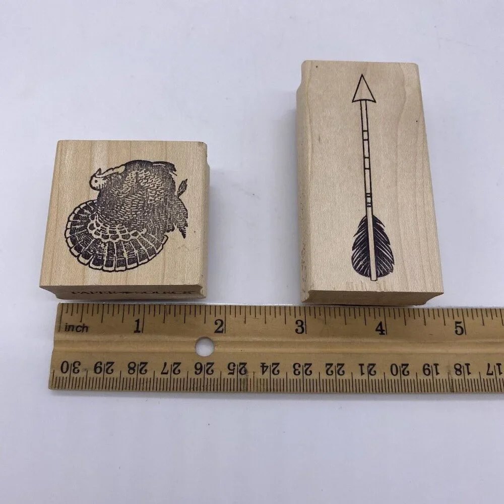 Paper Source Rubber Stamp Lot of 4 Wood Mounted Owl Arrow Turkey Chick in Egg
